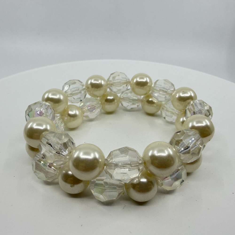 Chunky Coquette Faux Pearl Cuff Bracelet with Clear AB Crystal - Boho Gift